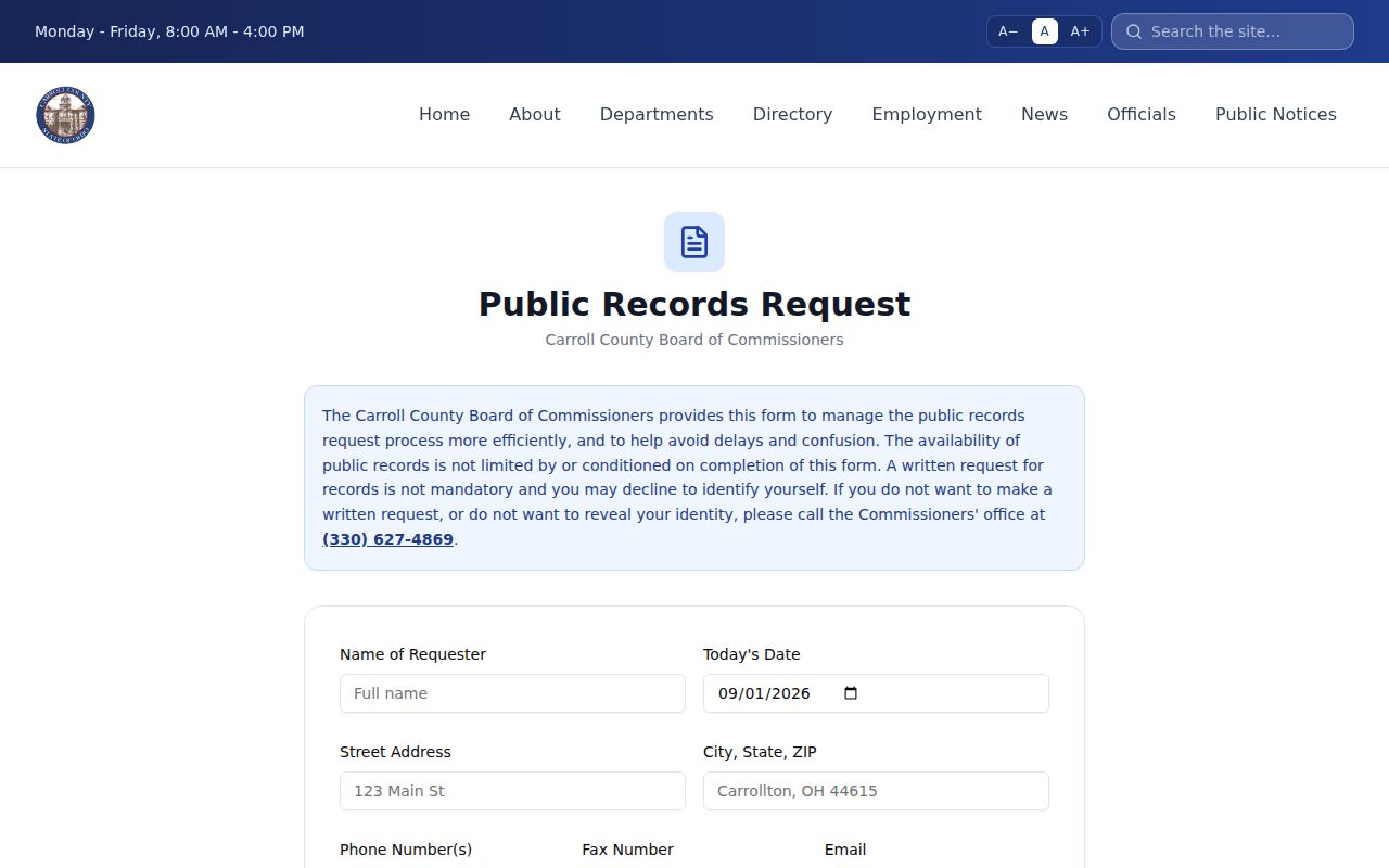 Carroll County public-records form for administrative records