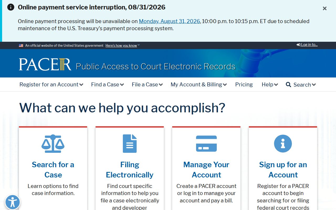 PACER federal court record access page separate from Carroll County records