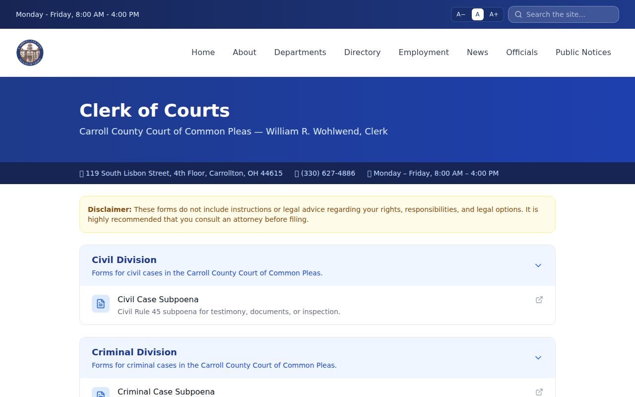 Carroll County court docket Clerk of Courts records office source