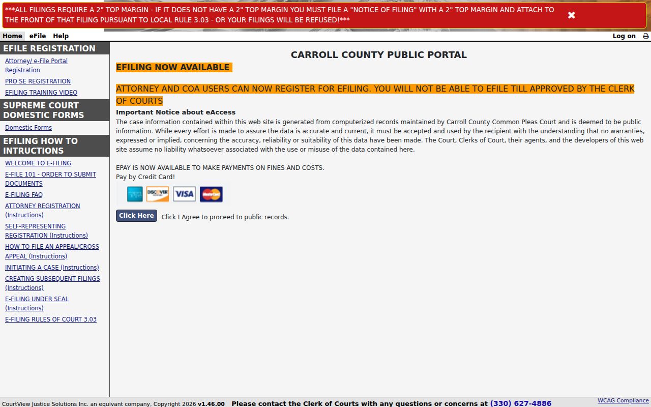Carroll County court docket Common Pleas eServices access screen