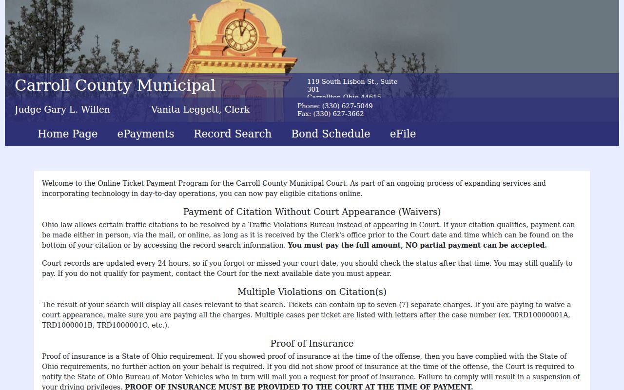 Carroll County Municipal Court ePayment page for eligible traffic citations